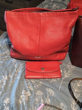 Coach Red Leather Shoulder Bag with Matching Wallet
